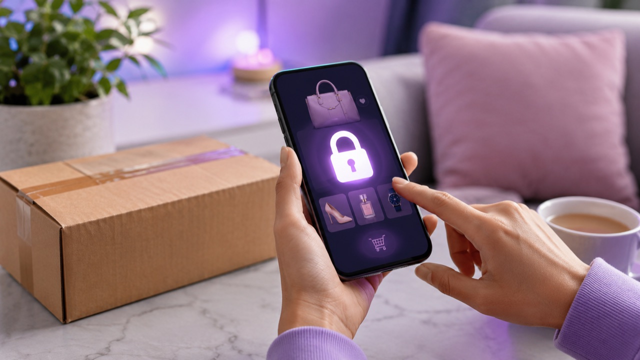 Dłoń trzyma smartfon z ikoną kłódki i produktami, obok paczka, bezpieczne zakupy TikTok Shop