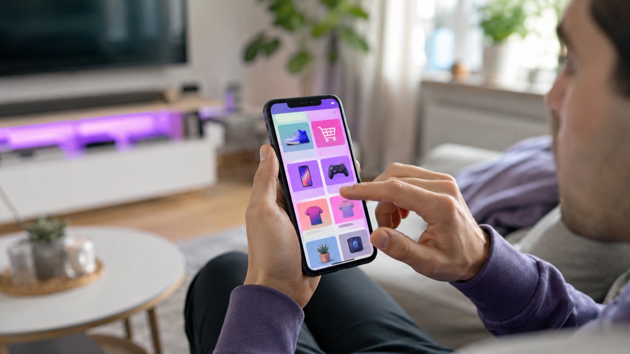 Osoba na kanapie przegląda aplikację zakupową TikTok Shop na smartfonie w domu