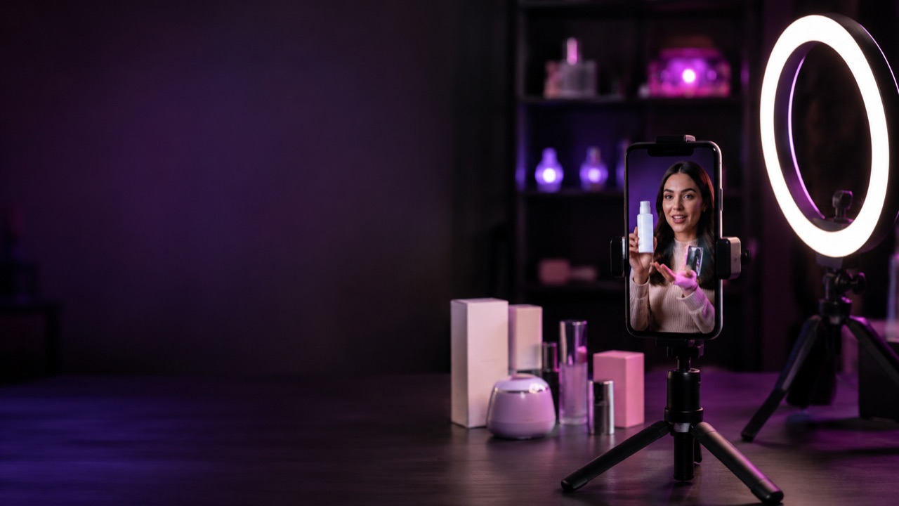 Smartfon na statywie i lampa pierścieniowa nagrywają twórcę prezentującego kosmetyk, motyw nagrywania hooka na TikTok Shop