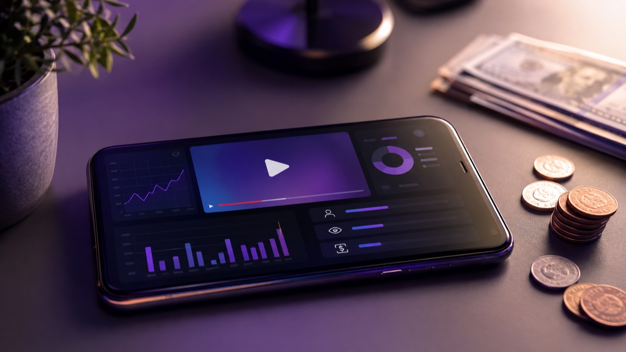 Smartfon z odtwarzaczem wideo i wykresami wyświetleń, obok monety i banknoty