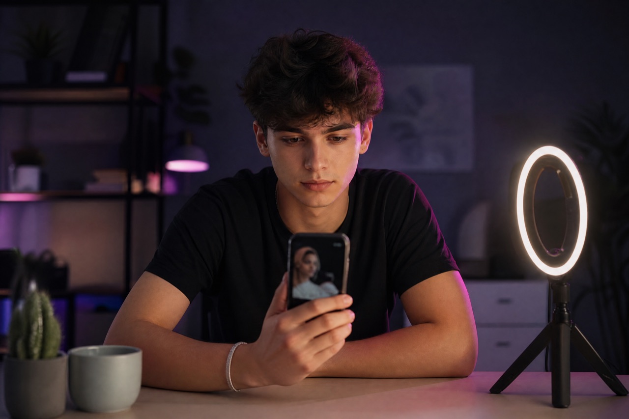 Młody twórca nagrywa film na TikTok Shop przy ring lightcie, w domowym setupie